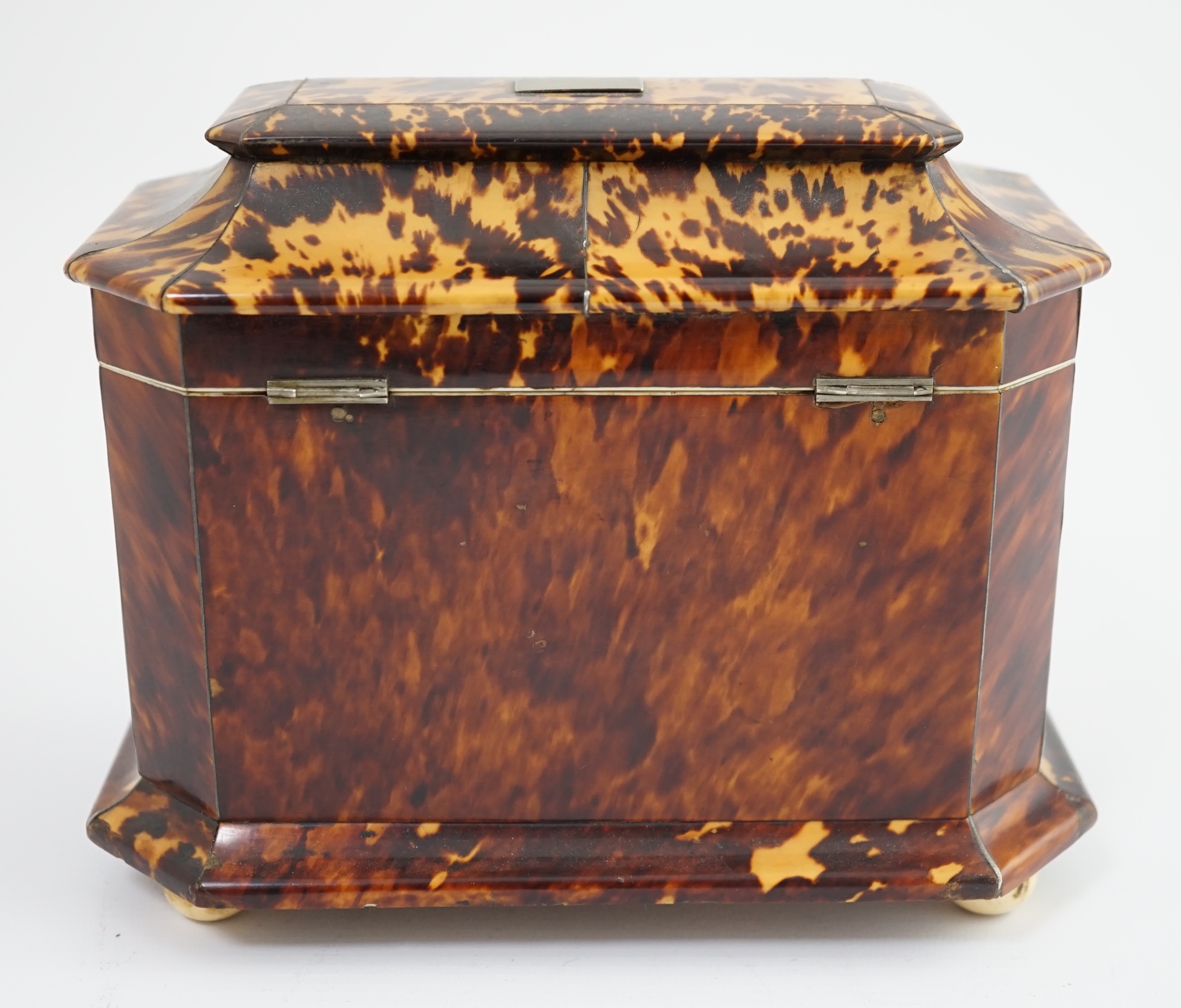 A Regency blond tortoiseshell and mother of pearl tea caddy